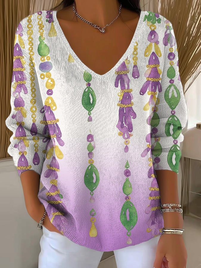 Women'S Casual Mardi Gras Print Knitted Sweater