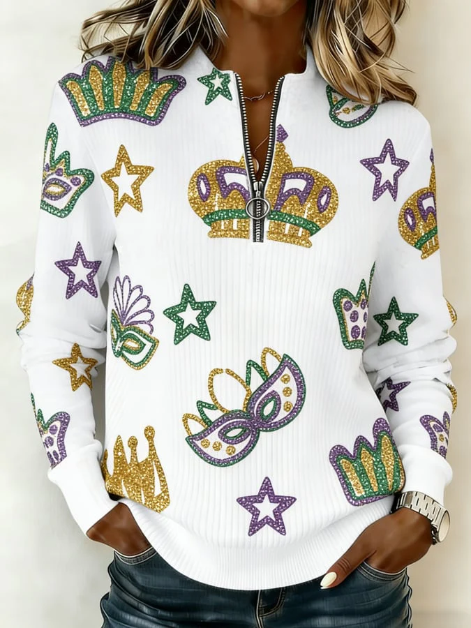 Women'S Casual Mardi Gras Print Zip-Up Long-Sleeved Top