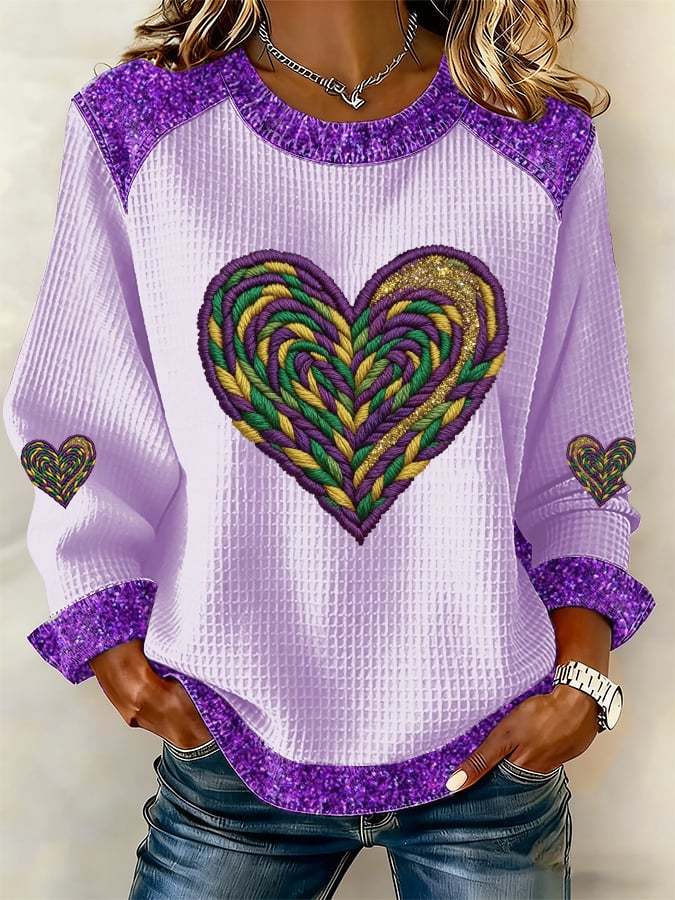 Women's Casual Mardi Gras Waffle Pattern Sweatshirt