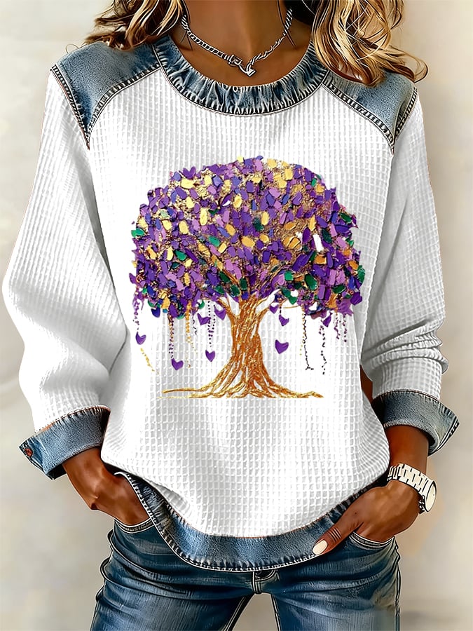 Women's Casual Mardi Gras Waffle Pattern Sweatshirt - Image 2