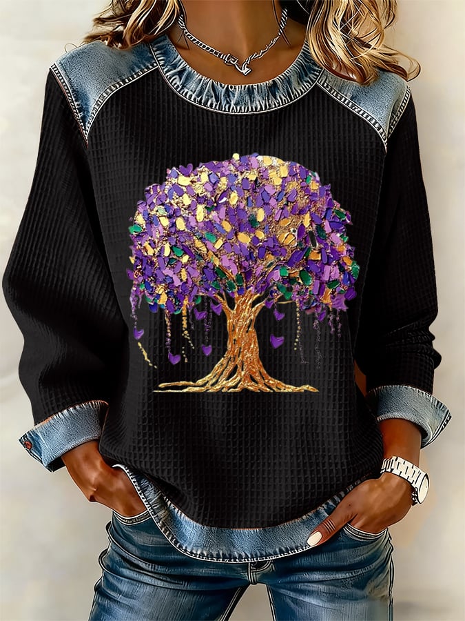 Women's Casual Mardi Gras Waffle Pattern Sweatshirt - Image 3