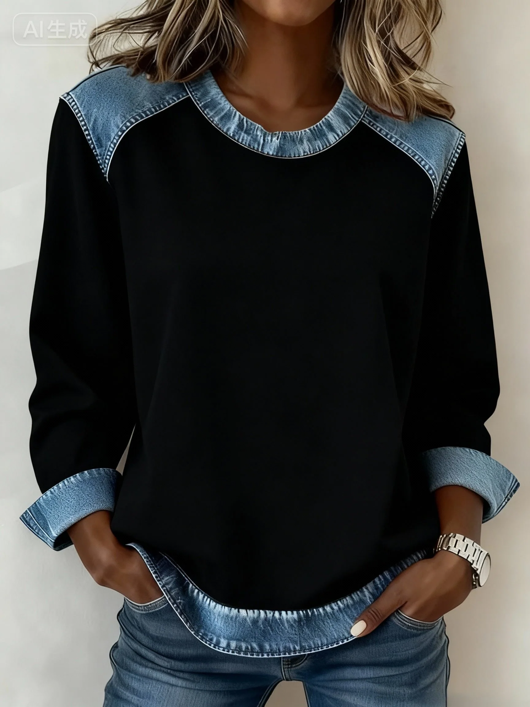 Women'S Casual Patchwork Christmas Brooch Pullover Top (Detachable Brooch) - Image 3
