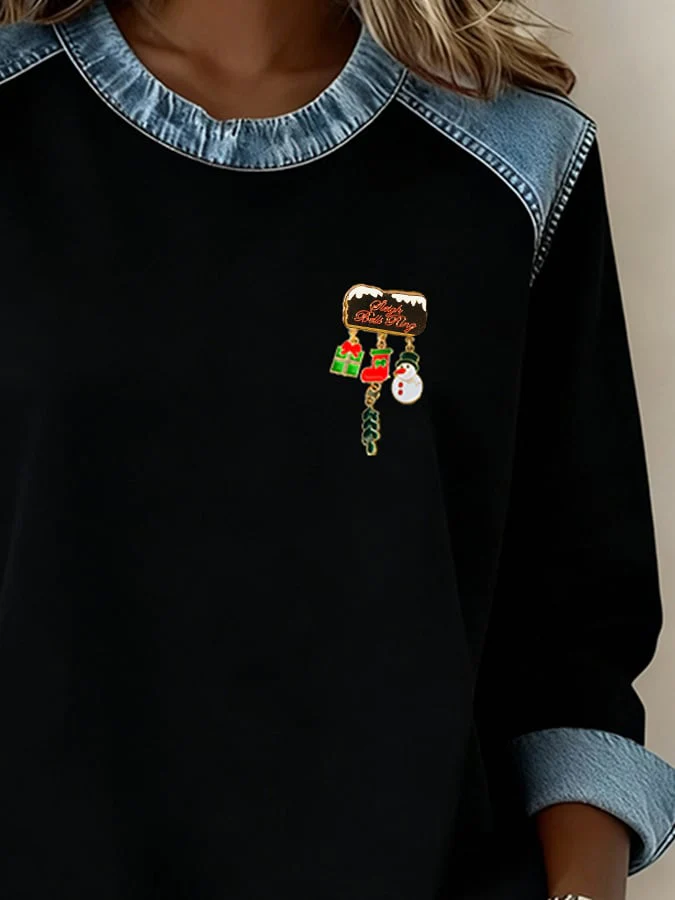 Women'S Casual Patchwork Christmas Brooch Pullover Top (Detachable Brooch) - Image 5