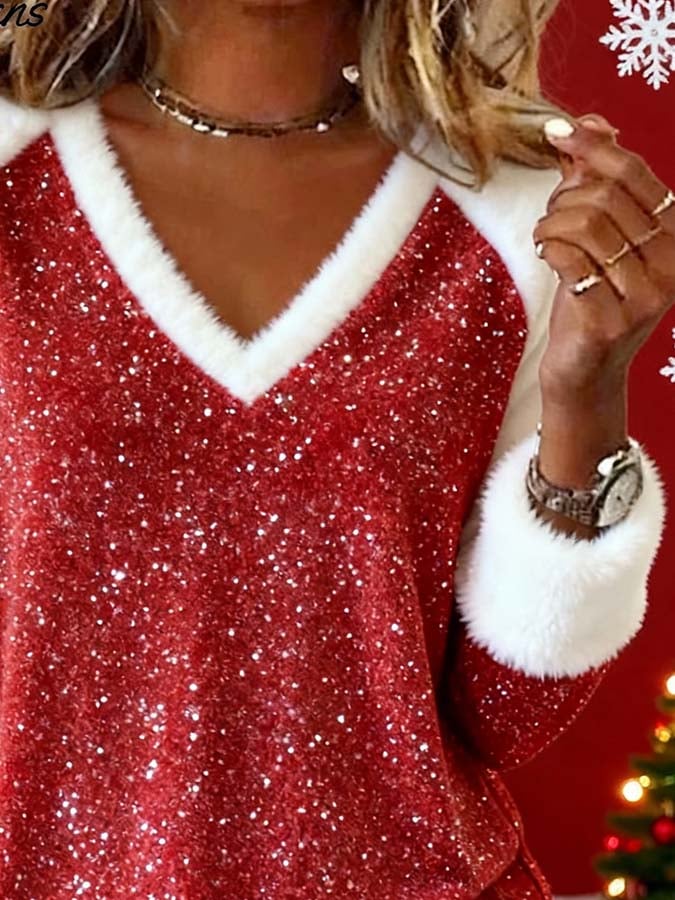 Women'S Casual Plush Contrast Color Stitching Christmas Top - Image 2