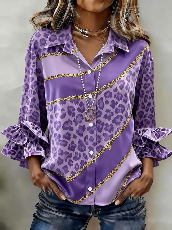 Women'S Casual Printed Shirt With Ruffle Sleeves - Image 2