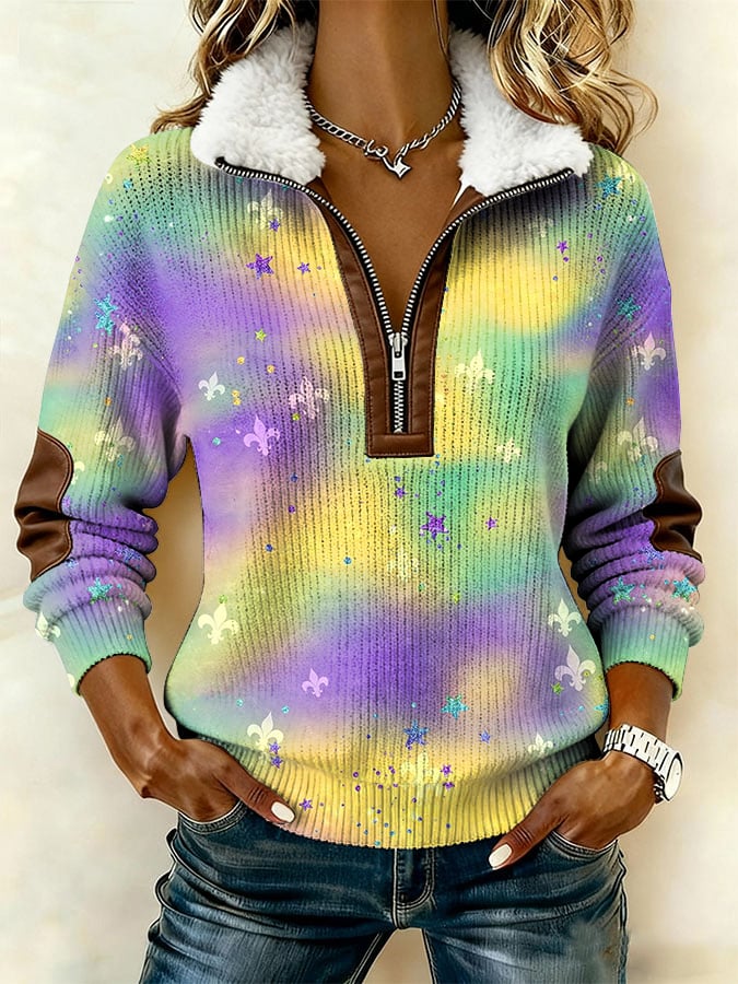 Women's Casual Retro Print Patchwork Fur Collar Long Sleeve Sweatshirt