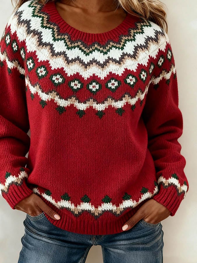 Women'S Casual Round Neck Christmas Color-Blocked Sweater - Image 3