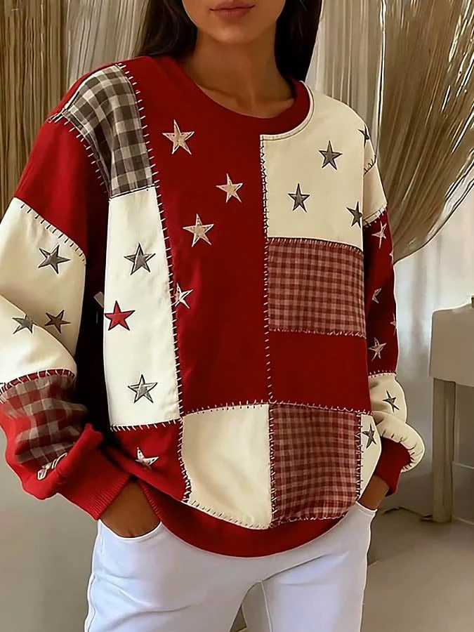 Women'S Casual Round Neck Contrast Color Stitching Plaid Sweatshirt - Image 3