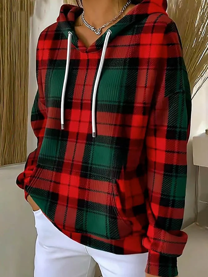 Women'S Casual Round Neck Contrast Color Stitching Plaid Sweatshirt - Image 2