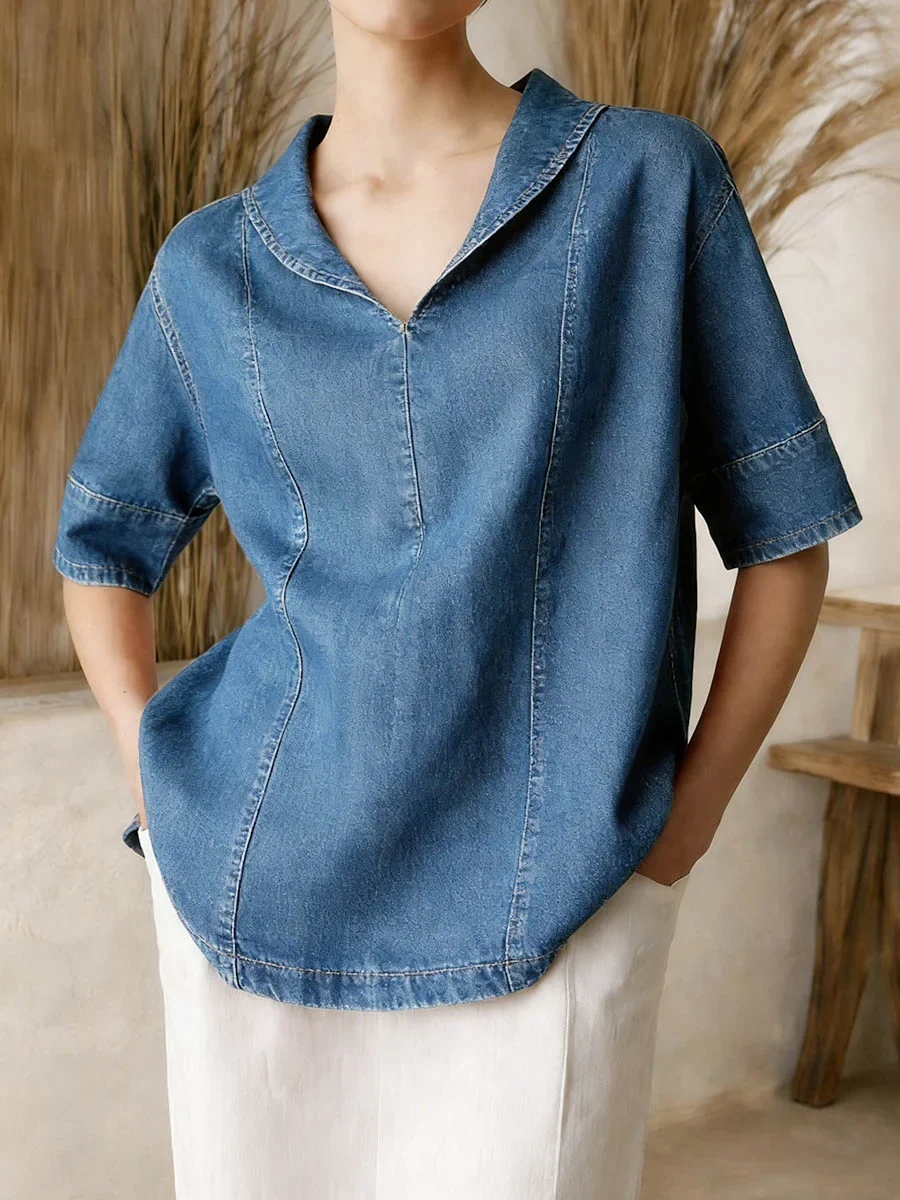 Women's Casual Short-sleeve Washed Cotton Denim Top