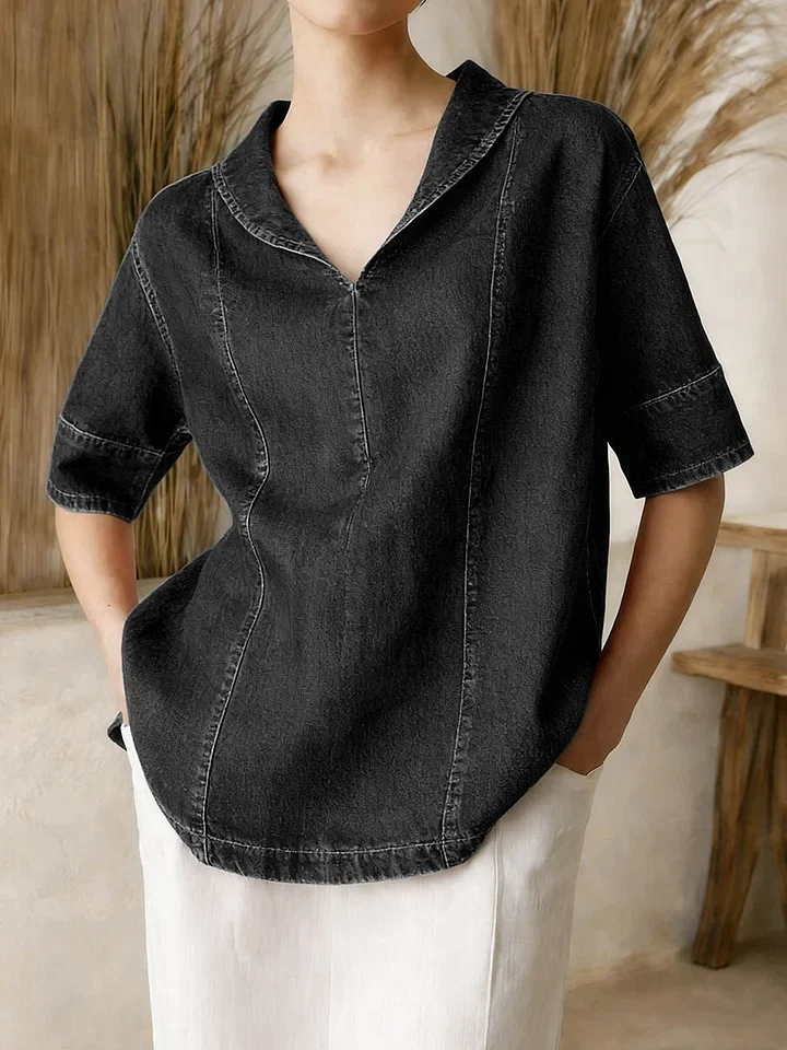 Women's Casual Short-sleeve Washed Cotton Denim Top - Image 2