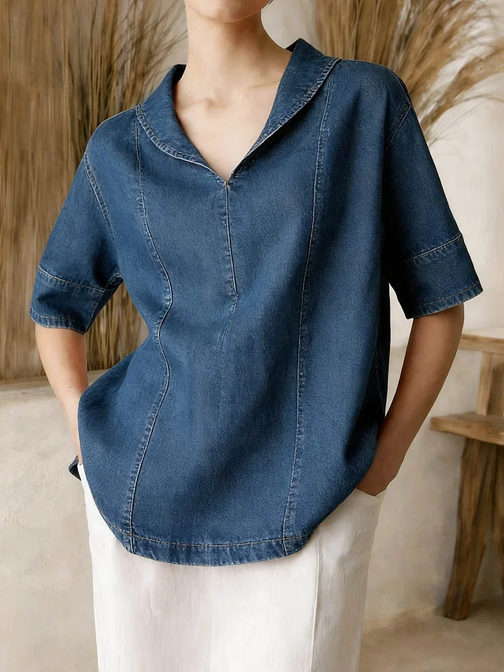 Women's Casual Short-sleeve Washed Cotton Denim Top - Image 3