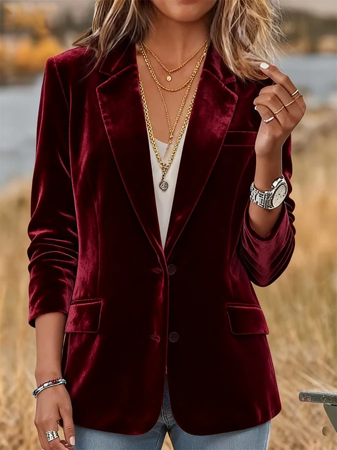 Women's Casual Solid Color Velvet Blazer - Image 3