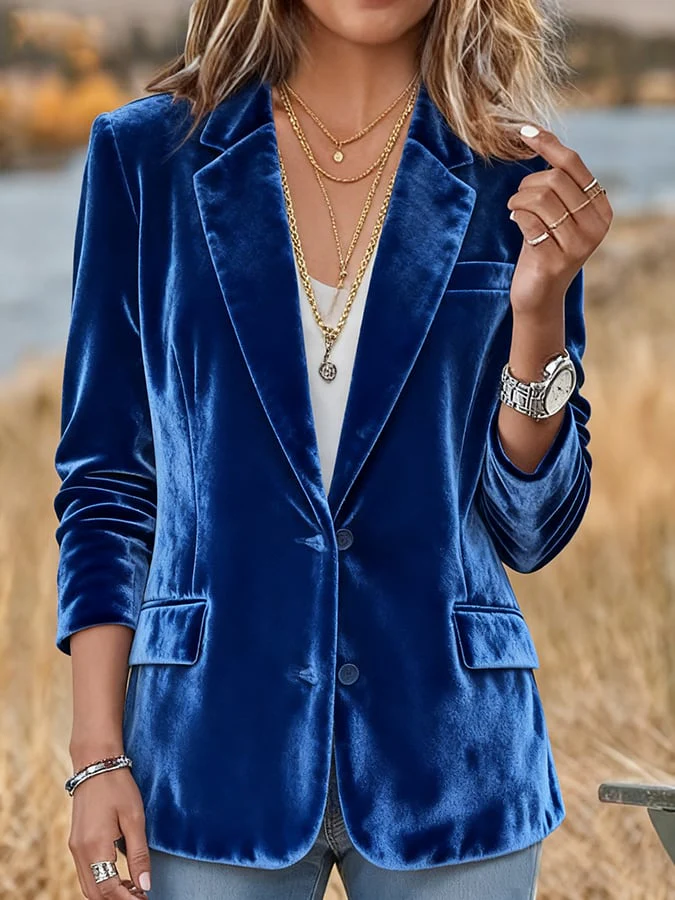 Women's Casual Solid Color Velvet Blazer - Image 4