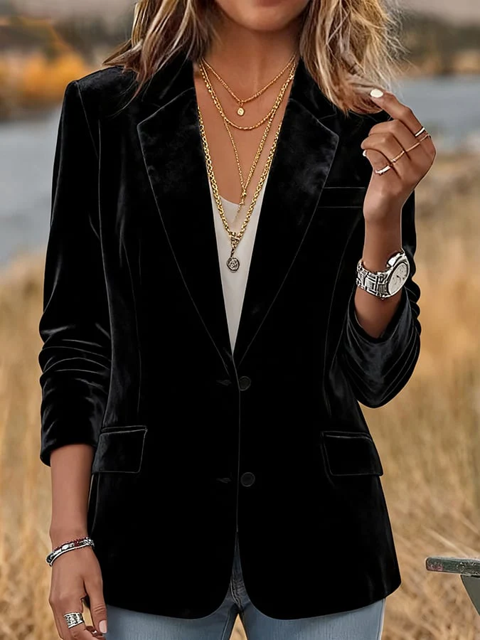 Women's Casual Solid Color Velvet Blazer - Image 5
