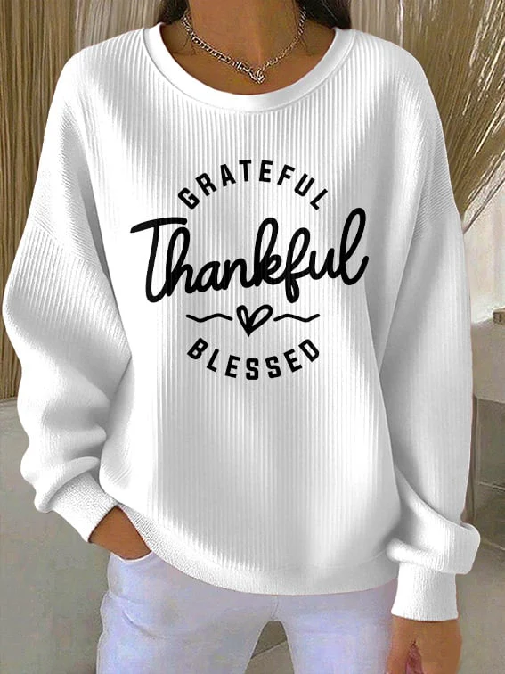 Women's Casual Vintage Grateful Thankful Blessed Textured Sweatshirt - Image 2