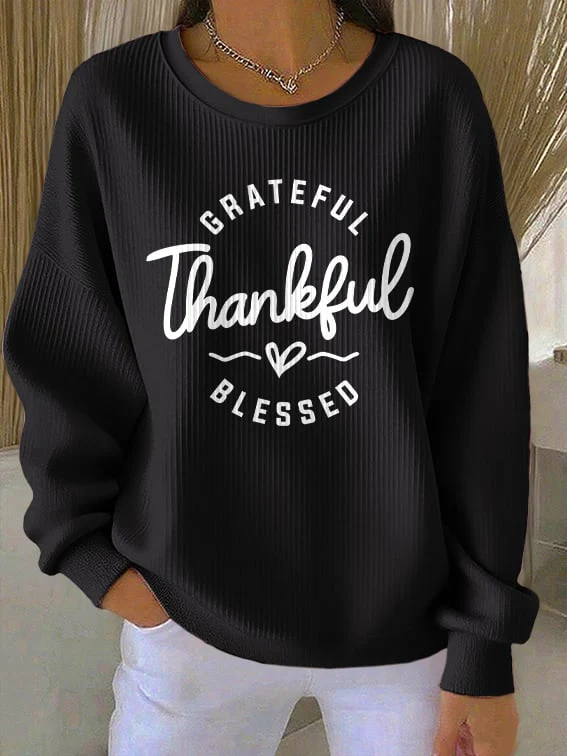 Women's Casual Vintage Grateful Thankful Blessed Textured Sweatshirt - Image 3