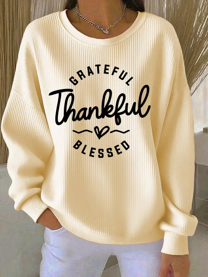 Women's Casual Vintage Grateful Thankful Blessed Textured Sweatshirt - Image 4