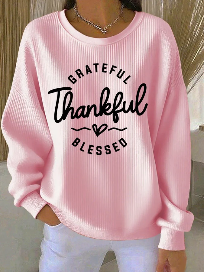 Women's Casual Vintage Grateful Thankful Blessed Textured Sweatshirt - Image 8