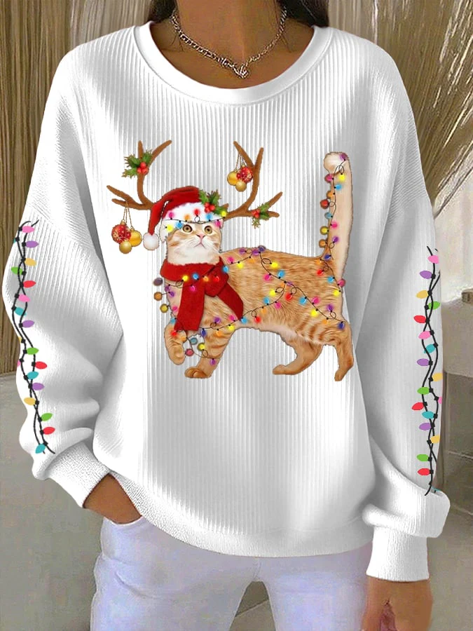 Women's Cat wearing Santa hat Printed Tops - Image 2