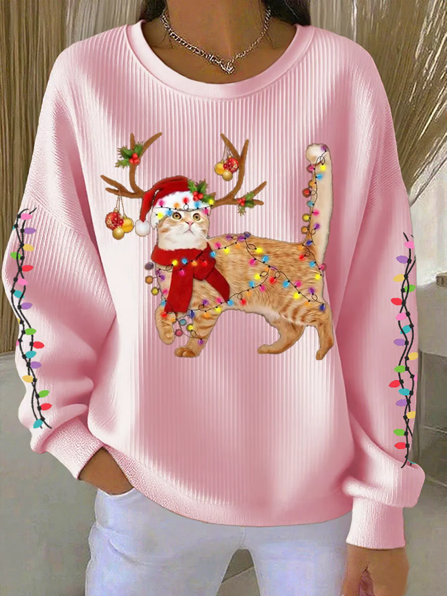 Women's Cat wearing Santa hat Printed Tops - Image 5