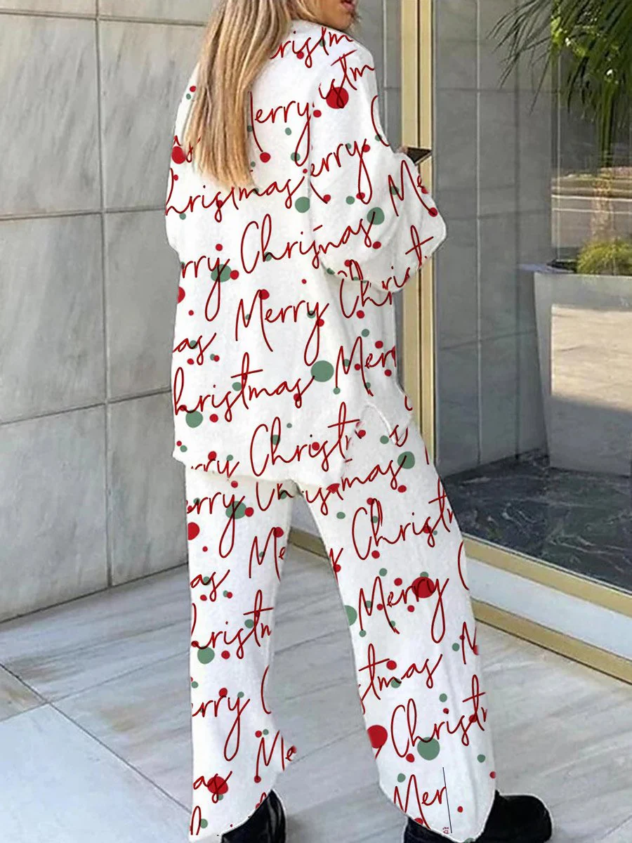 Women's Christmas Art Painting Printed Home Long Sleeve Suit - Image 2