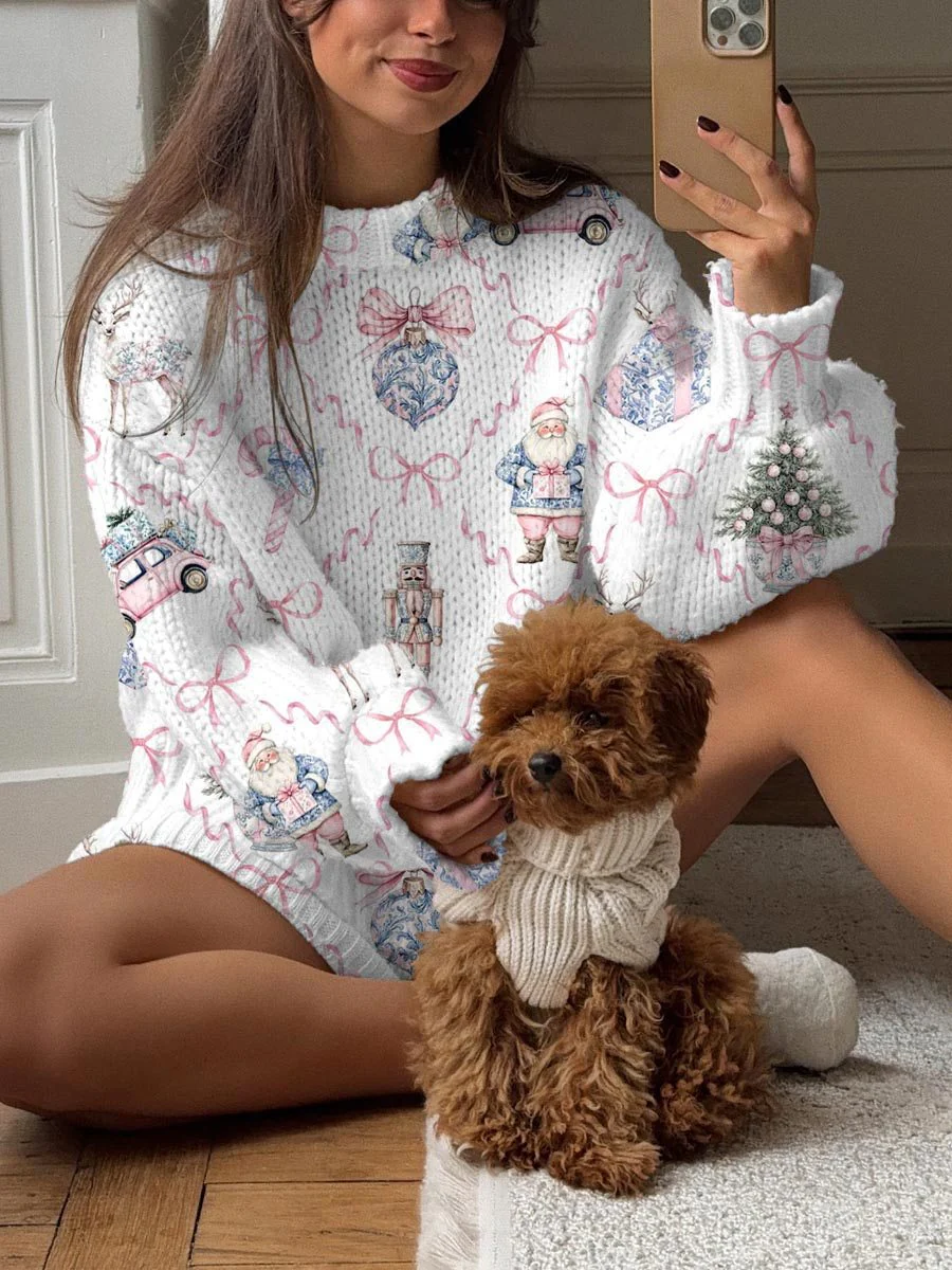 Women's Christmas Bows Print Knit Pullover Sweater