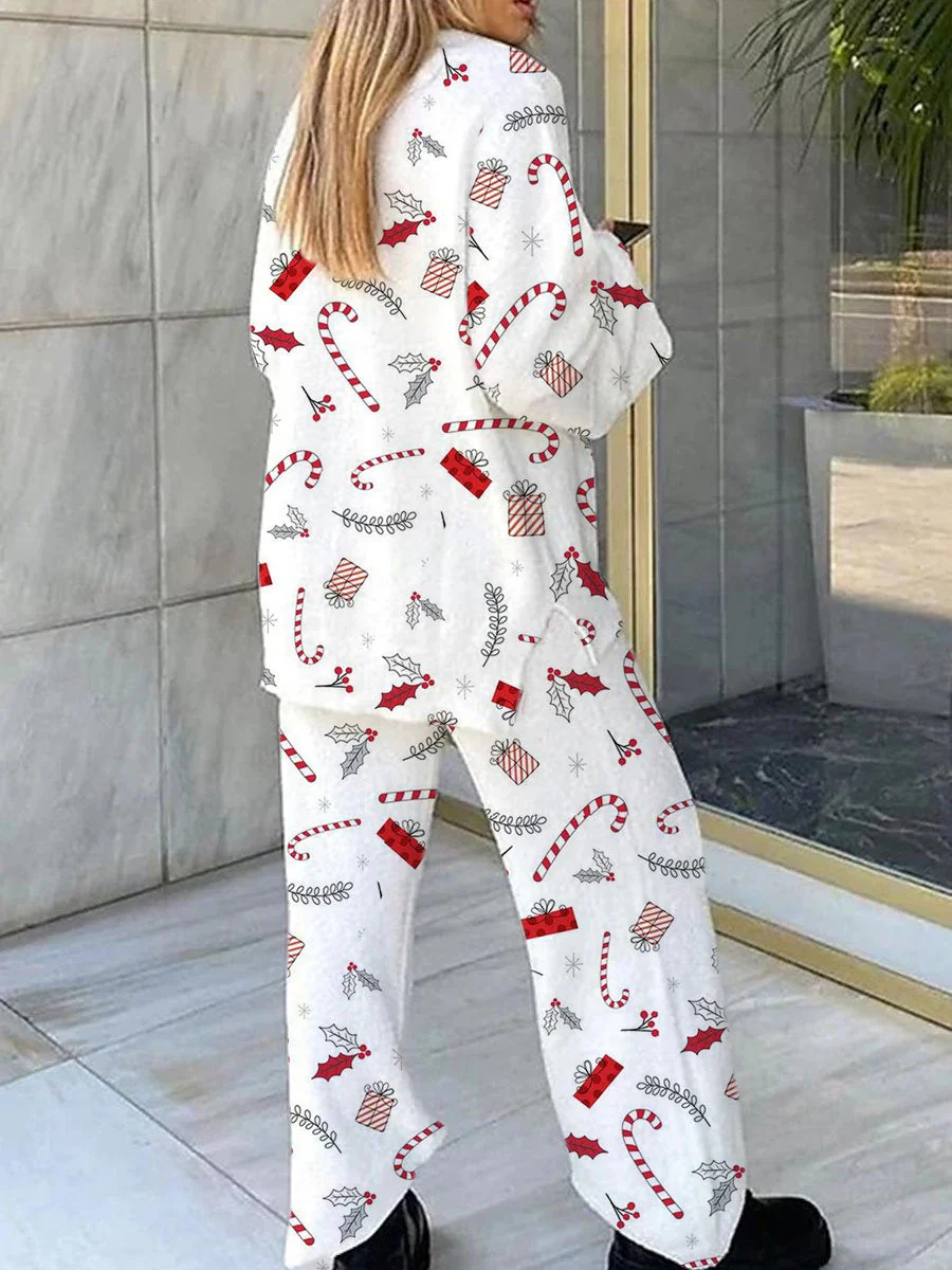 Women's Christmas Candy Cane Fleece Long Sleeve Pant Set - Image 2