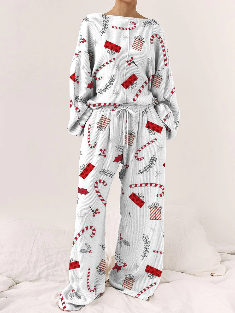 Women's Christmas Candy Cane Gift Box Pattern Long Sleeve Long Pants Round Neck Suit