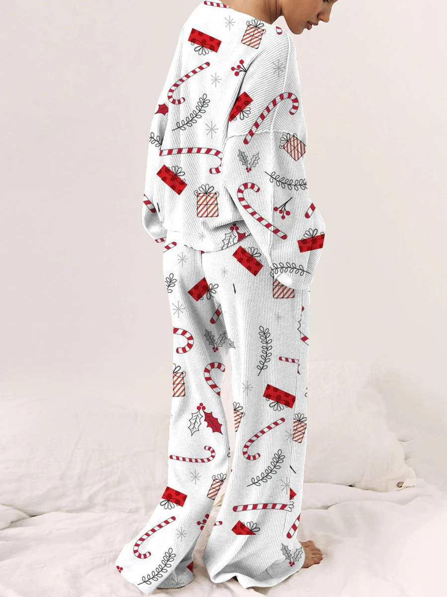 Women's Christmas Candy Cane Gift Box Pattern Long Sleeve Long Pants Round Neck Suit - Image 2