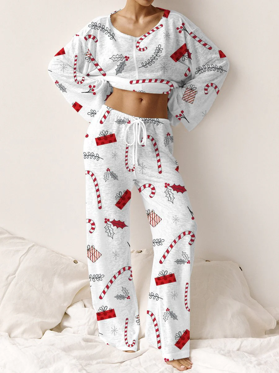 Women's Christmas Candy Cane Pattern Long Sleeve Pant Suit - Image 2