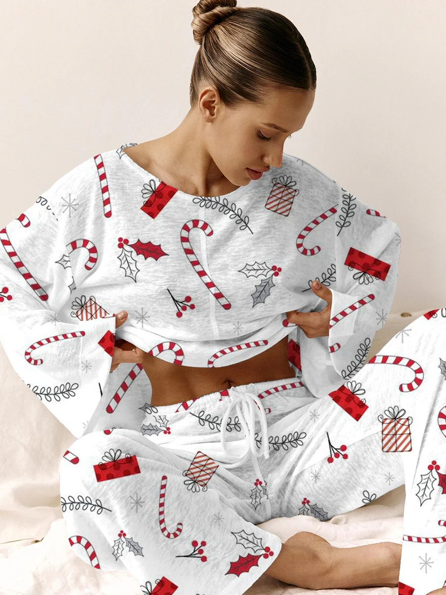 Women's Christmas Candy Cane Pattern Long Sleeve Pant Suit - Image 3