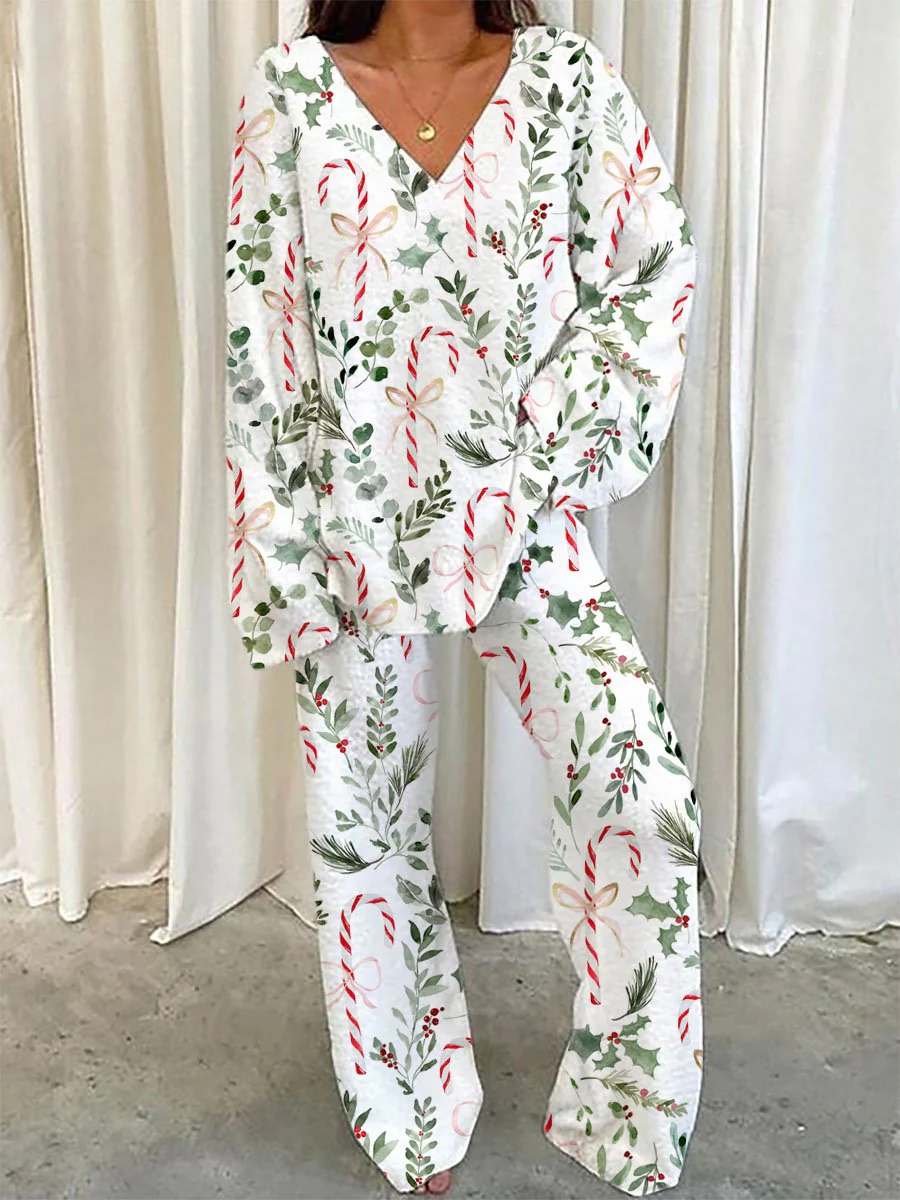 Women's Christmas Candy Cane Plant Floral Print Long Sleeve V-Neck Suit - Image 2