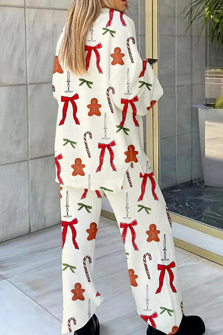 Women's Christmas Cane Candy and Bow Printed Casual Homewear Set - Image 2