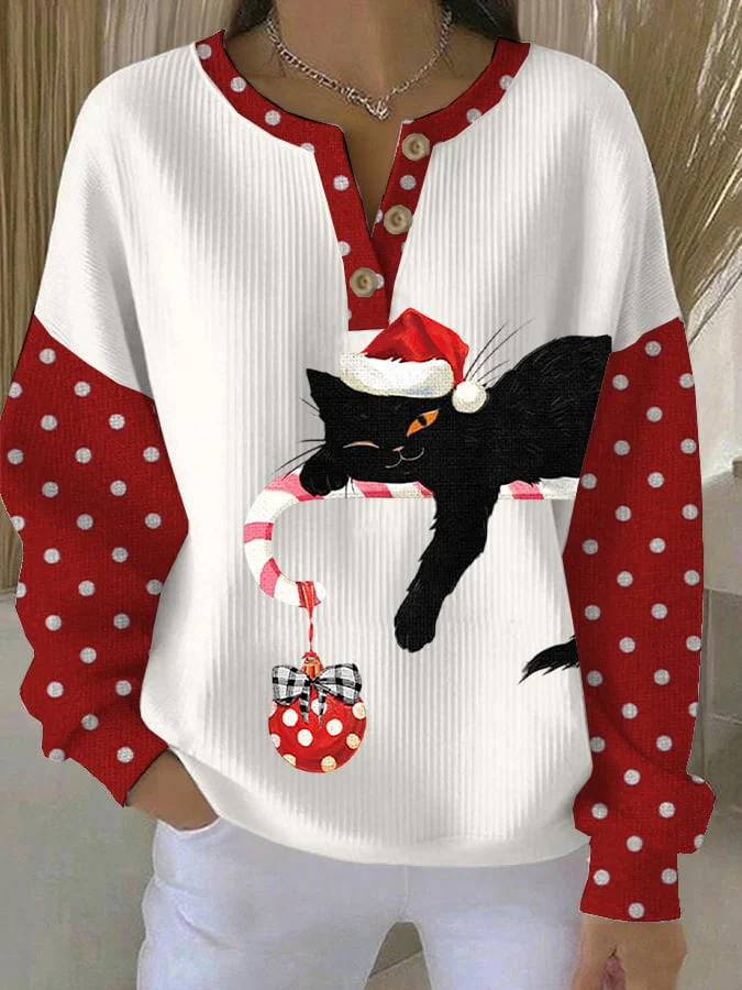 Women's Christmas Cat Print Casual Sweatshirt - Image 2