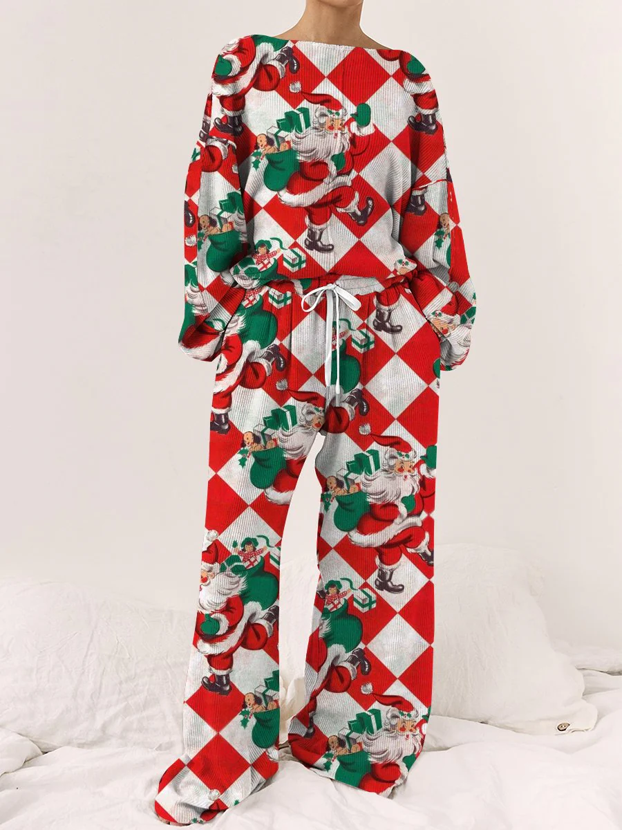 Women's Christmas Checkerboard Santa Claus Long Sleeve Pants Suit