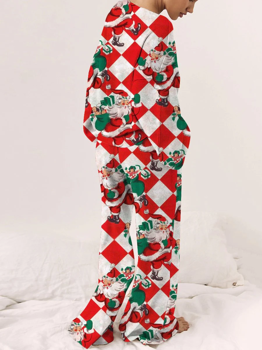 Women's Christmas Checkerboard Santa Claus Long Sleeve Pants Suit - Image 2