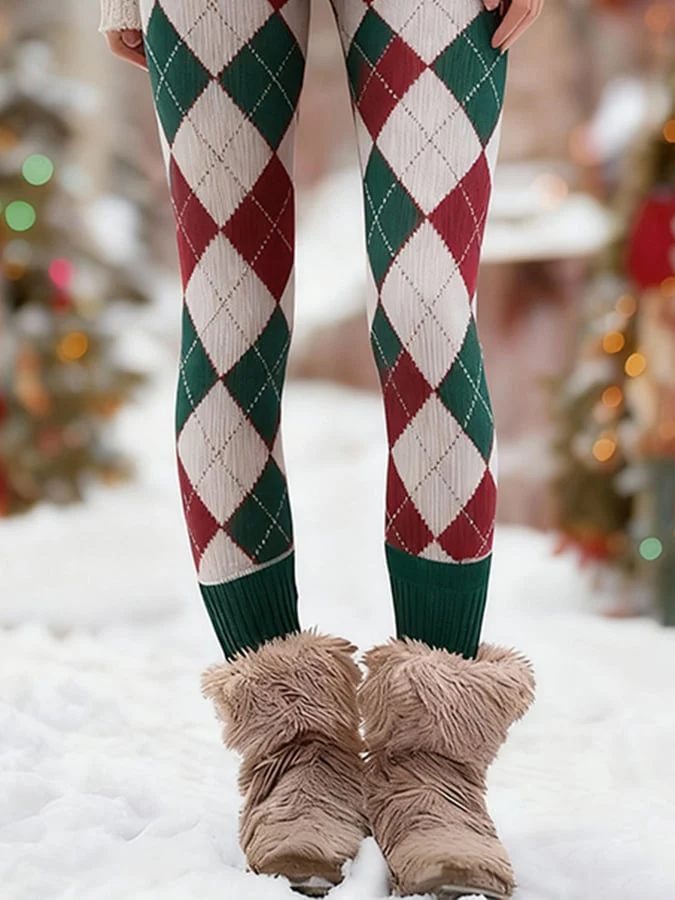 Women'S Christmas Contrasting Diamond Pattern Tight High-Elastic Leggings - Image 3
