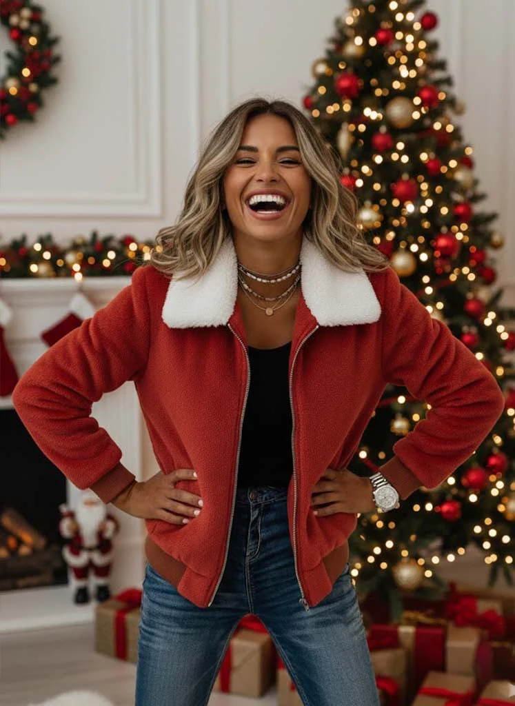 Women'S Christmas Contrasting Plush Patchwork Jacket - Image 5