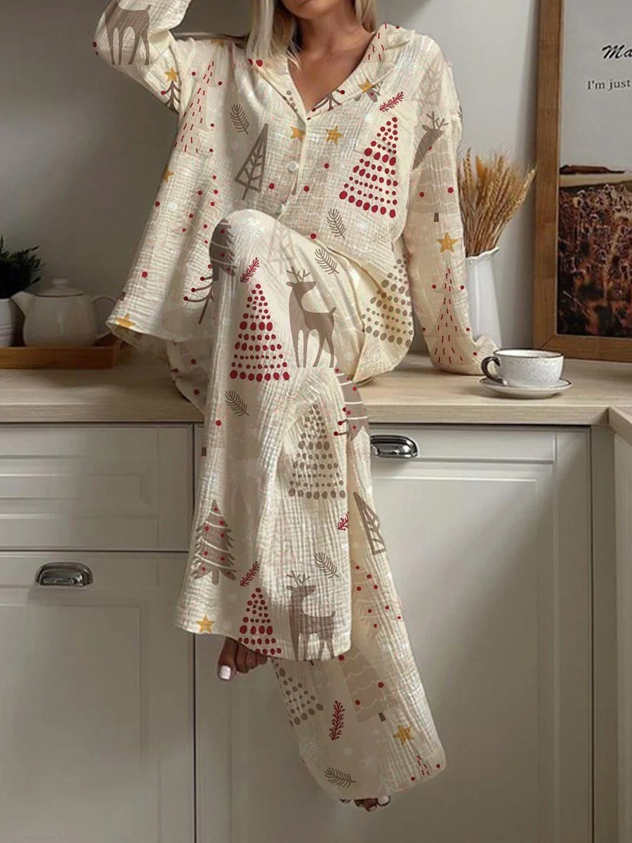 Women's Christmas Creative Simple Pattern Long Sleeve Pants Suit