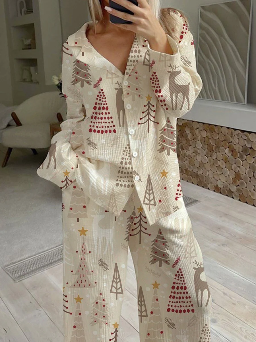 Women's Christmas Creative Simple Pattern Long Sleeve Pants Suit - Image 2