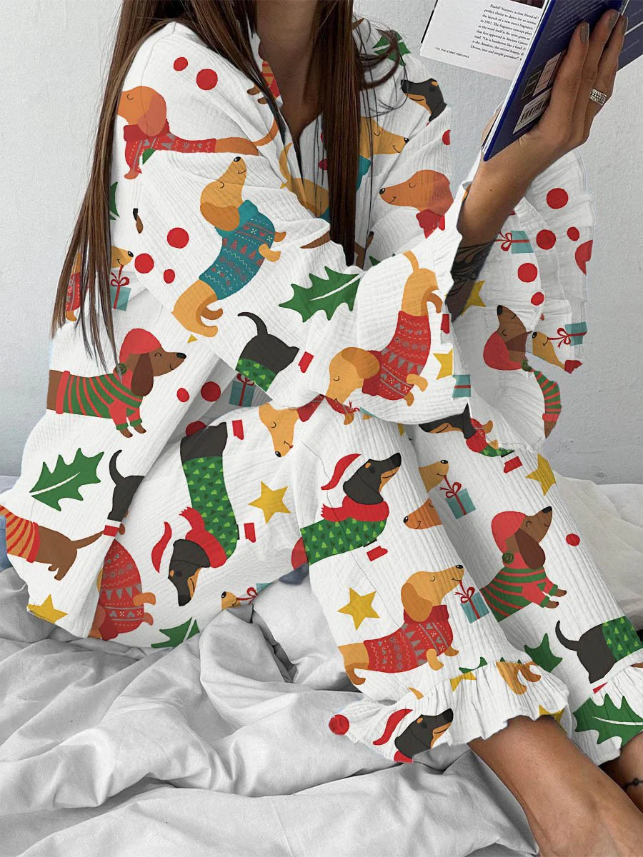 Women's Christmas Dachshund Print Ruffled Loungewear Set - Image 2