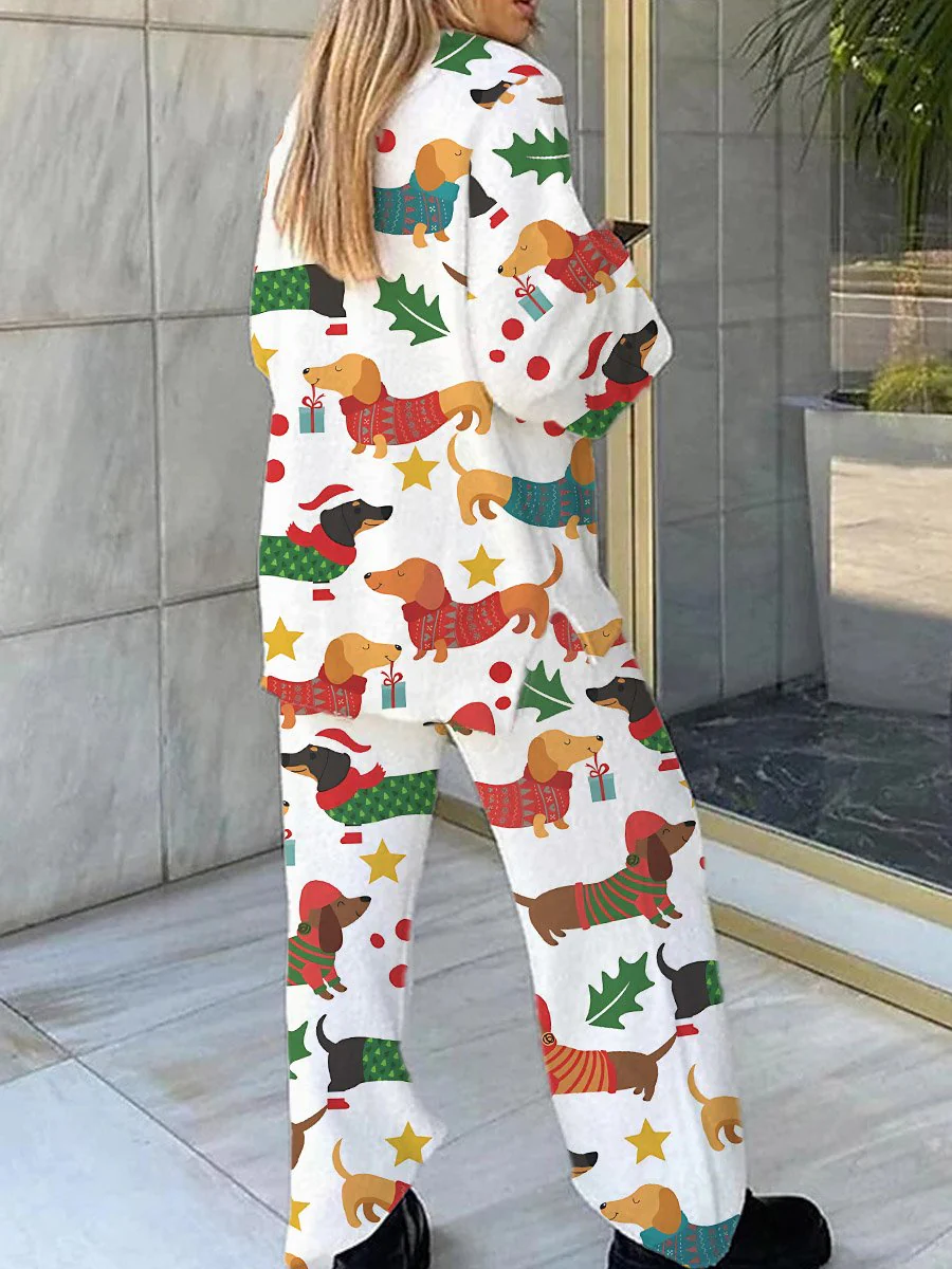 Women's Christmas Dachshund Print V-Neck Long Sleeve Suit - Image 2