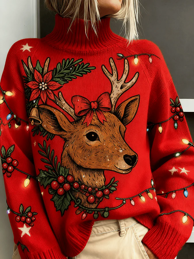 Women's Christmas Elk Floral Print Festive Top