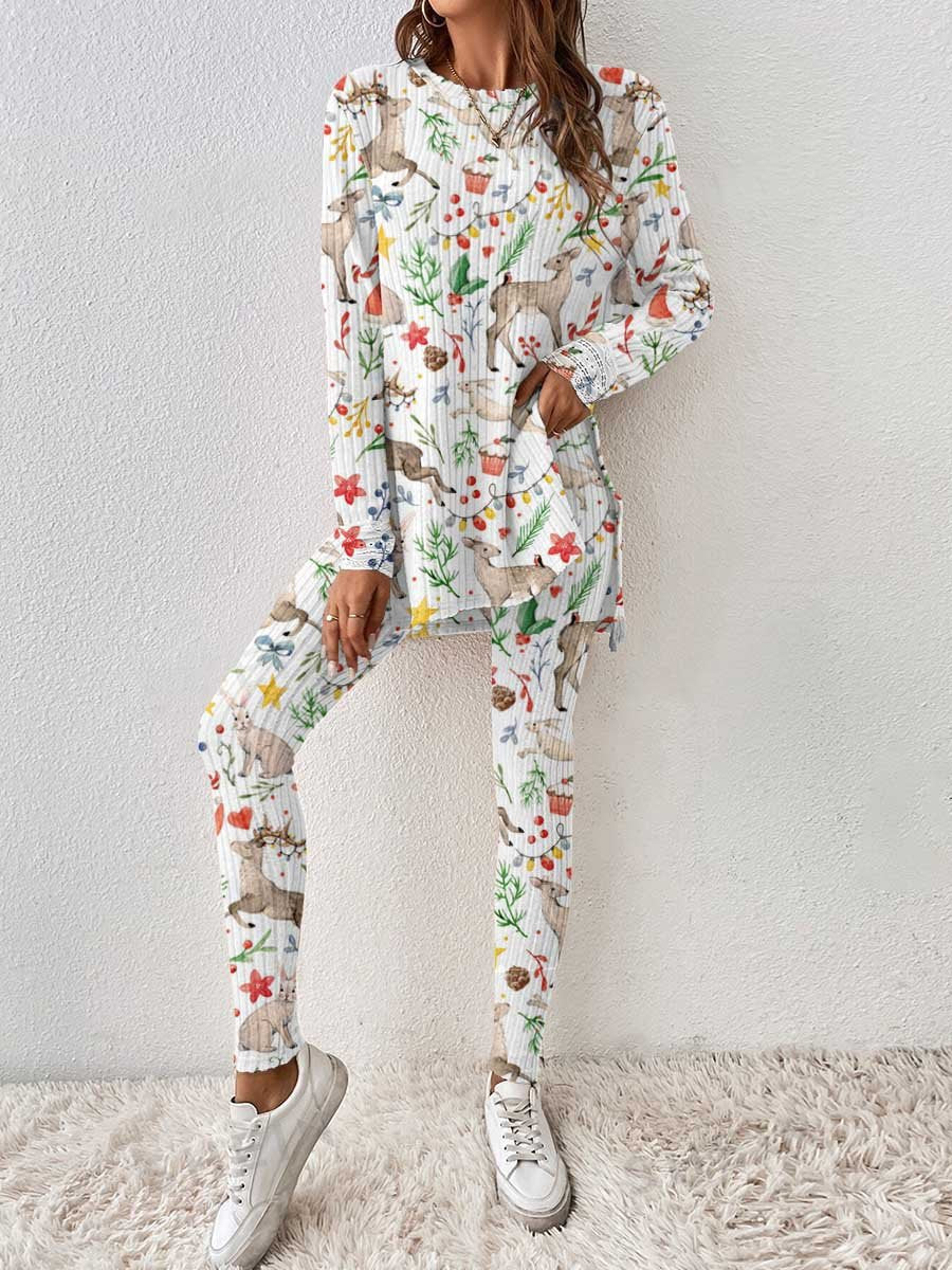 Women's Christmas Elk Graphic Knitted Crew Neck Long Sleeve Suit - Image 5