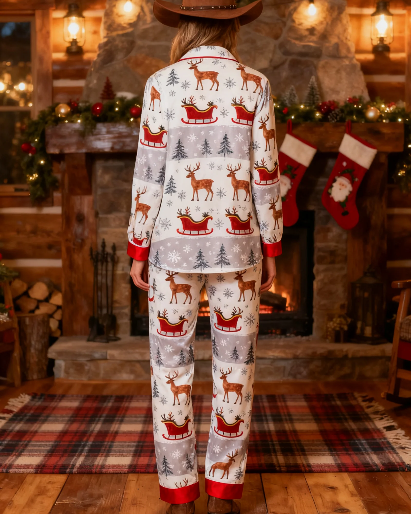 Women's Christmas Elk Pattern Bow Long Sleeve Pants Suit - Image 2