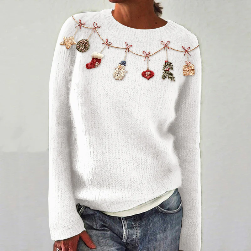Women's Christmas Embroidery Art Crew Neck Cozy Sweater - Image 2