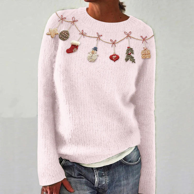 Women's Christmas Embroidery Art Crew Neck Cozy Sweater - Image 3