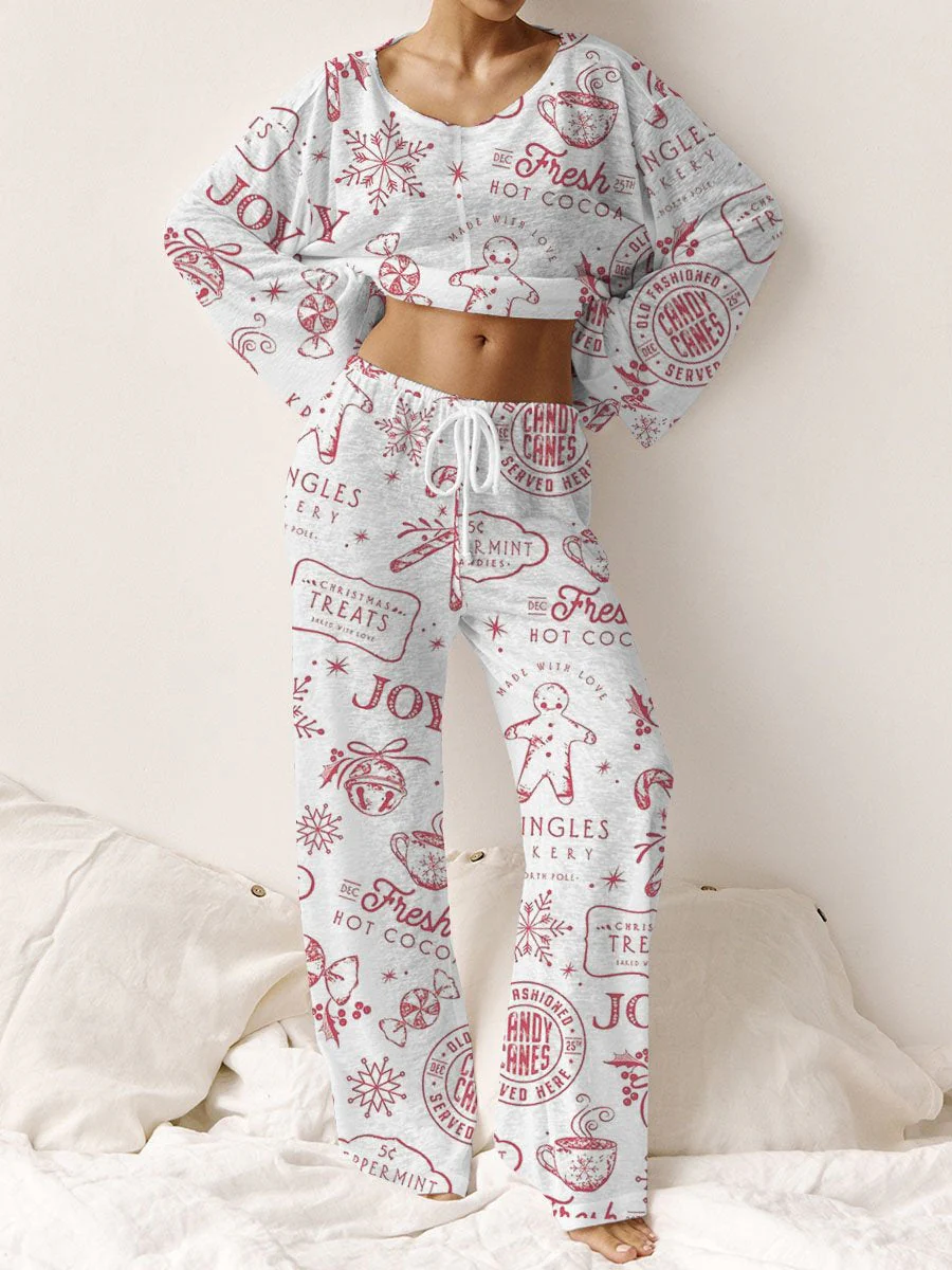 Women's Christmas Gingerbread Man Printed Linen Cotton Suit - Image 2