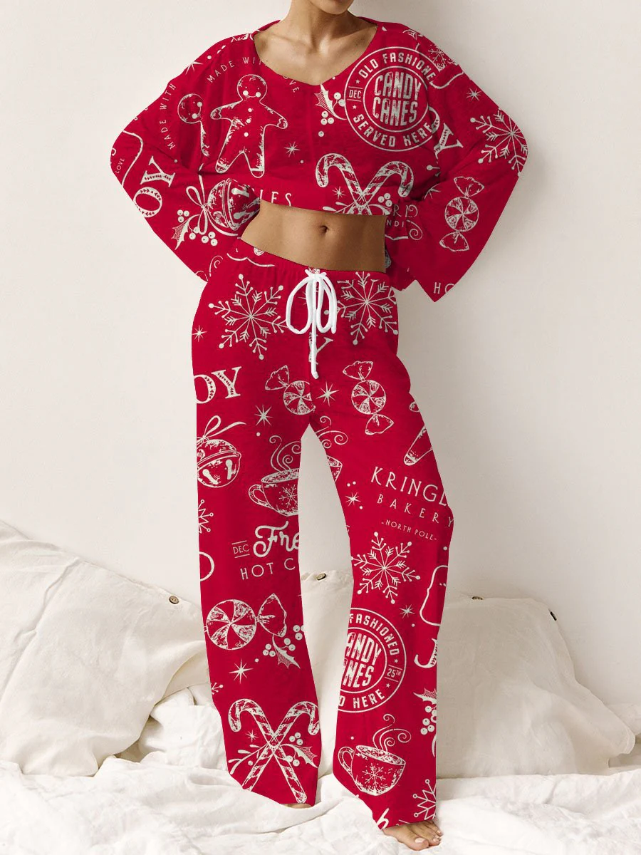 Women's Christmas Gingerbread Man Printed Linen Cotton Suit - Image 5